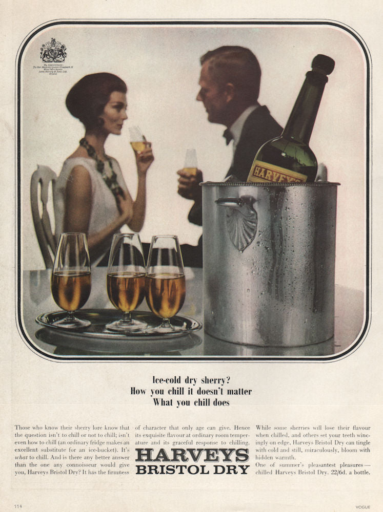 Harveys Bristol Dry sherry. Food advert. BRITISH VOGUE 1963 old vintage print